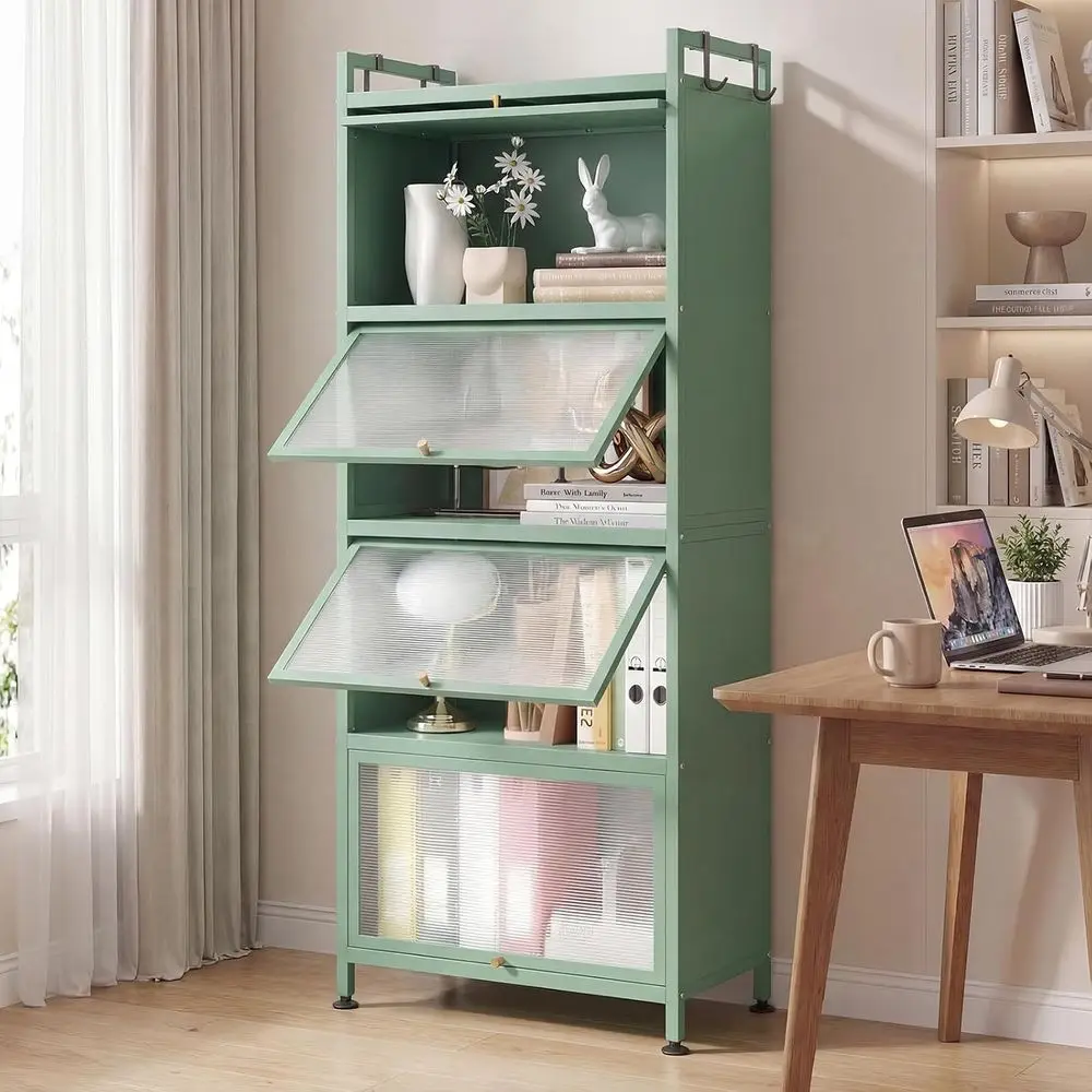 5-Tier Kitchen Storage Cabinet, reestanding Metal Pantry Cabinet w/ 4 lip-up PC Do, 4 Hooks & Adjustable eet, 60” Tall Bakers Ra