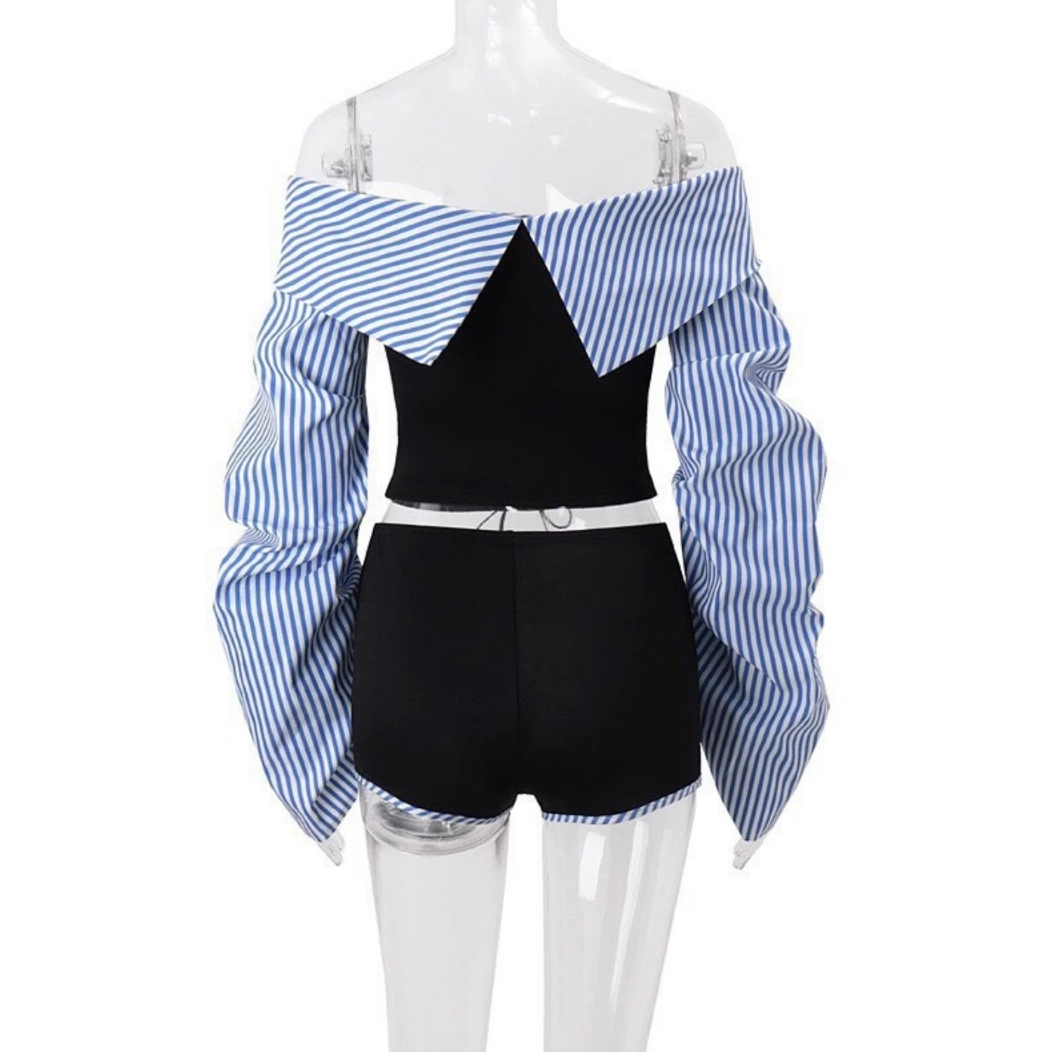 A Y2k two-piece set, with a strip fashion week bandage blouse and high-Waist, stylish chic one shoulder long sleeve T-shirt, 2024 Spring Autumn