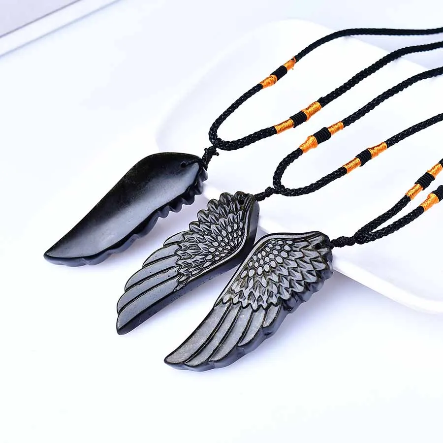 1PC Natural Obsidian Angel Wings Stone Pendant Wings Shape Polished Healing Energy Stone Increase charm Unisex Jewelry DIY Gift