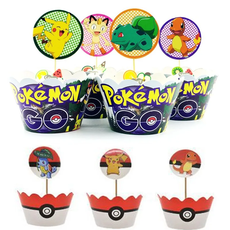 12PCS Pokemon Pikachu Happy Birthday Cake Topper Party Decoration Cake Cups Paper Cupcake Liner Wrappers Cup Baking Muffin Boxes