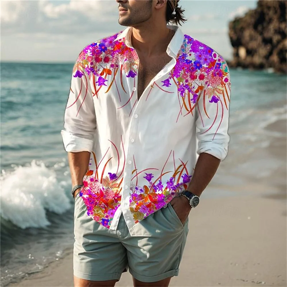 

2024 New Hawaiian Shirt Men's Long sleeved 3D Printed Flip Collar Button Shirt Fashion Leisure Vacation Comfortable Clothing