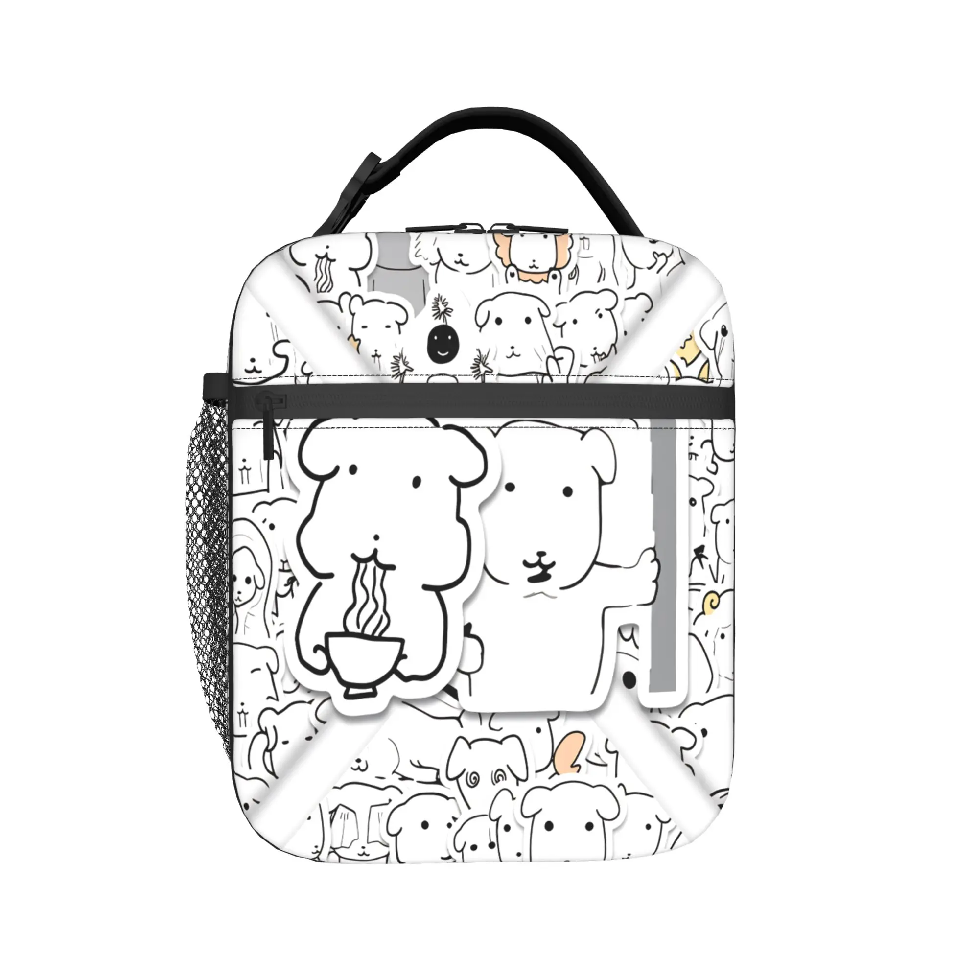 Korean Abstract Puppy Lunch Bag  Portable Zipper Lunch Box Women Picnic Graphic Cooler Bag Casual Oxford Thermal Tote Handbags