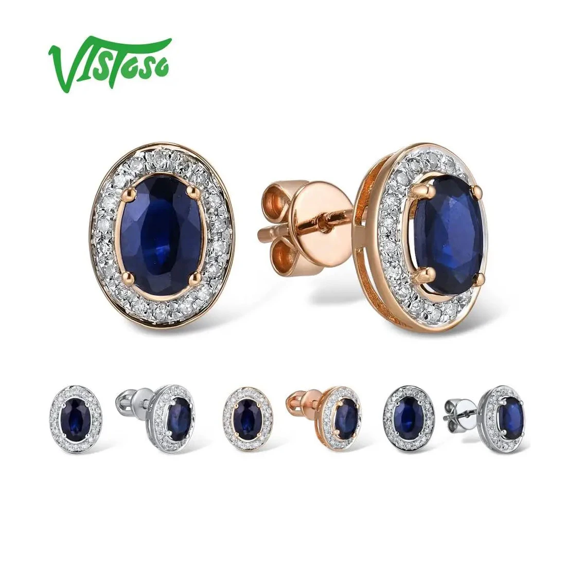 

VISTOSO серьги-гвоздики из чистого розового/белого золота 14 карат 585, элегантные серьги-гвоздики с синим сапфиром и сверкающими бриллиантами, уникальные модные ювелирные изделия