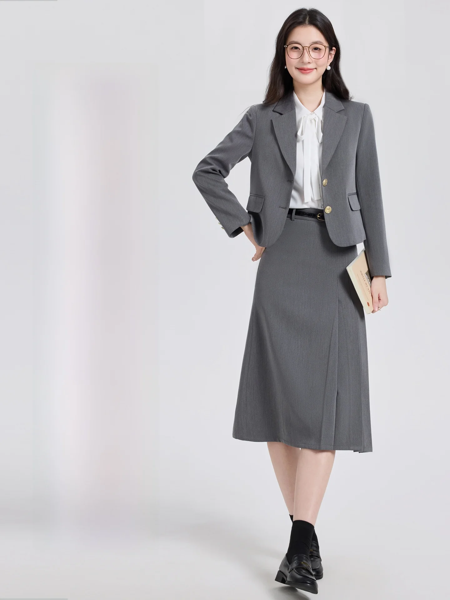 Gray Suit Set Women's Spring Autumn Interview Wardrobe Professional Suit Jacket Skirt Two-Piece Set Commute Style Polyester F...