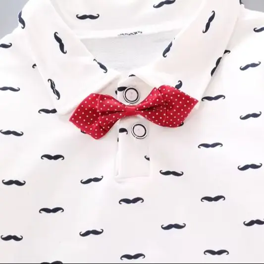 Jungen-Polohemd mit Schnurrbartmuster, 3-teiliges Set mit Fliege, gestreifte Hose, Anzug für Kleinkinder, Baumwolle, langärmelig, Herbst, Größe 80-110. – Detail 4