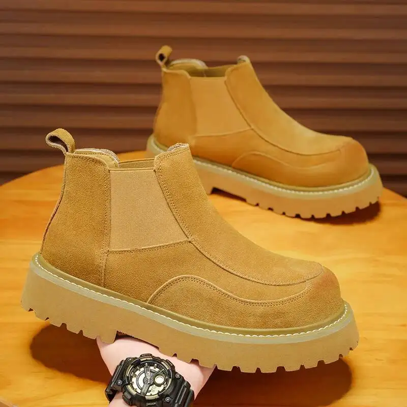 

Men's Boots 2025 Autumn New Cowhide Thick-Soled Non-Slip Natural Leather Soft Chelsea Single Short Wide Barefoot Shoes