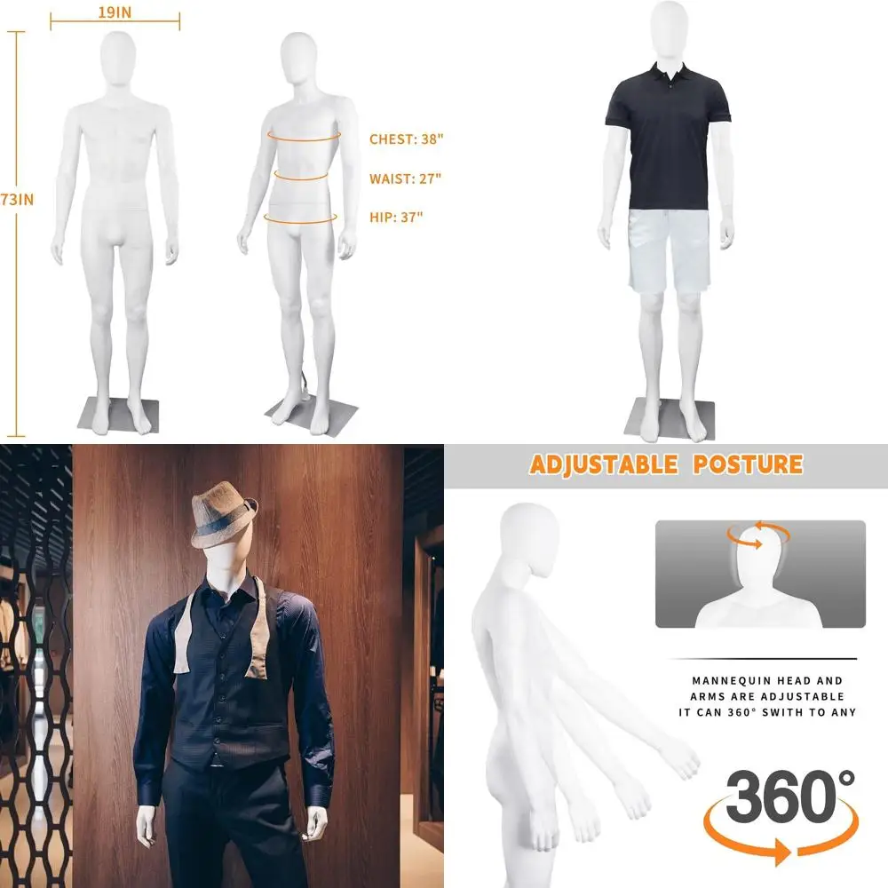 

Adjustable 73 Plastic Male Mannequin with Detachable Head and Metal Base, White