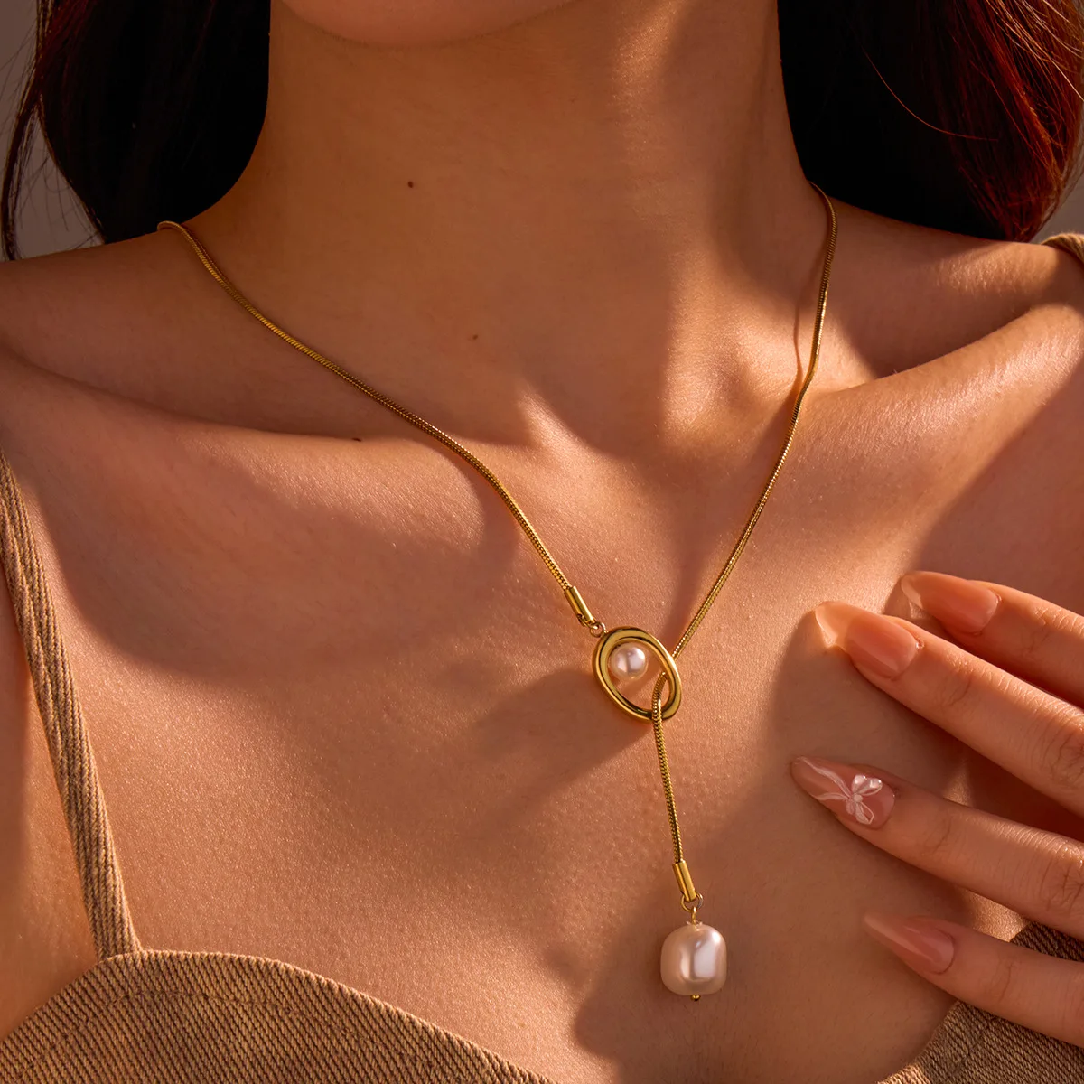 18K Gold Plated Adjustable 316L Stainless Steel Necklace Minimalist Lariat Pendant Elegant Office Daily Wear Jewelry For Women