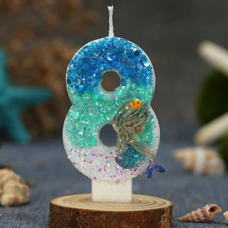 Velas de cumpleaños azul océano para niños, vela de playa con lentejuelas, sirena, fiesta de cumpleaños, decoración de pastel de boda, número 0-9