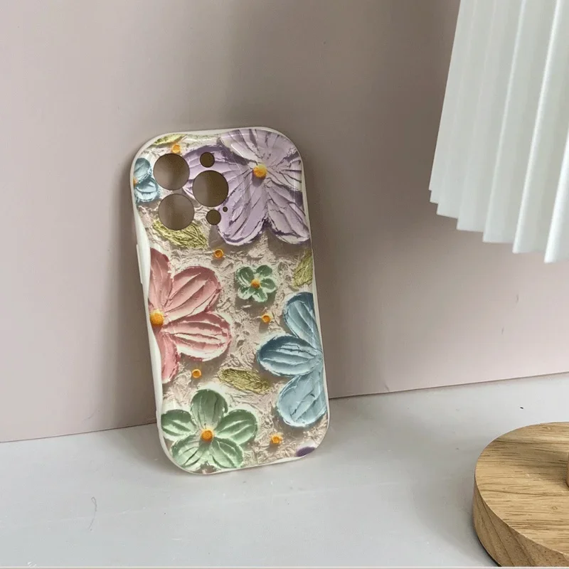 Oil Painting Flowers Phone Case For  iPhone 16 15 12 11 Pro Max 14 Plus 13 Mini X XS XR 7 8 Plus SE Wavy TPU Soft Silicone Cover