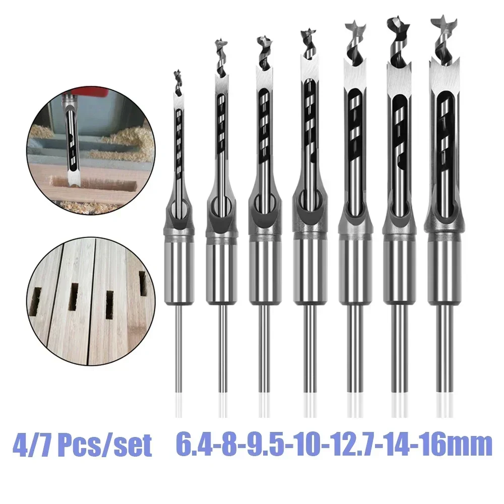 4/7pcs Square Hole Drill Bits Auger Mortising Chisel Woodworking Tool Tenon Drill DIY Furniture Square Woodworking Drill