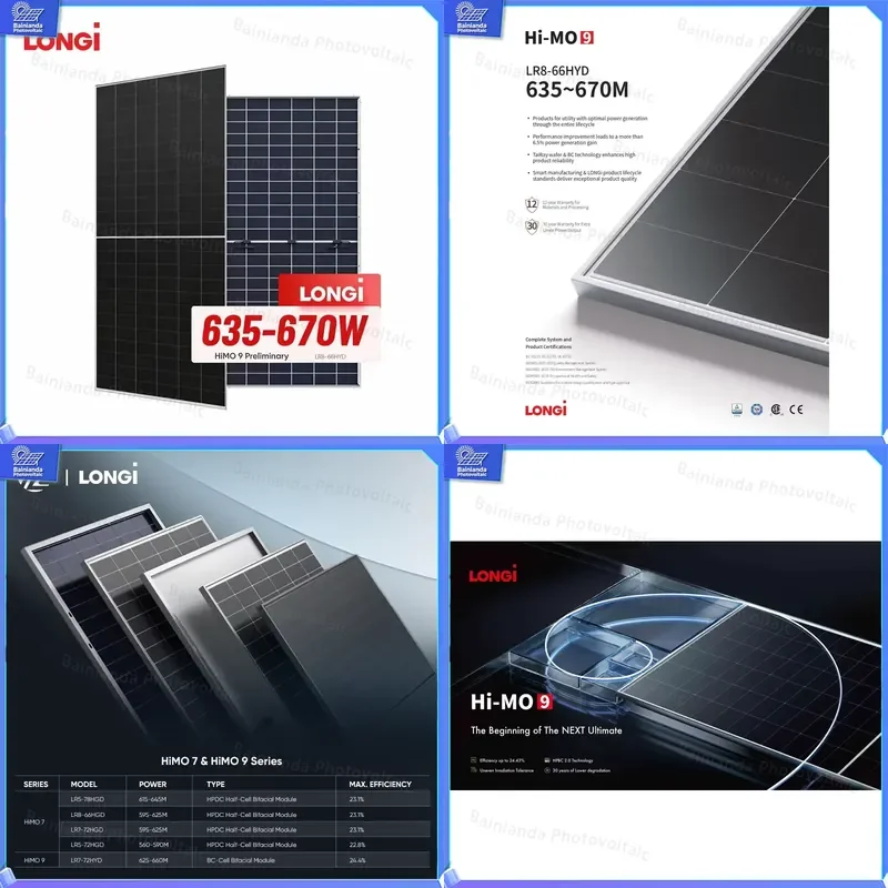 LONGi Hi-MO 9 Solar Panel 635W 640W 650W 660W 670W Double Glass Bifacial PV Module 24.8% Efficiency Monocrystalline PERC