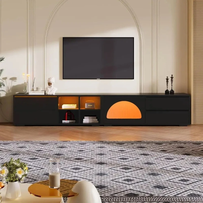 Contemporary TV Stand with Fluted Glass Doors, Media Console for TVs up to 100, Black, LED-lit Living Room Furniture