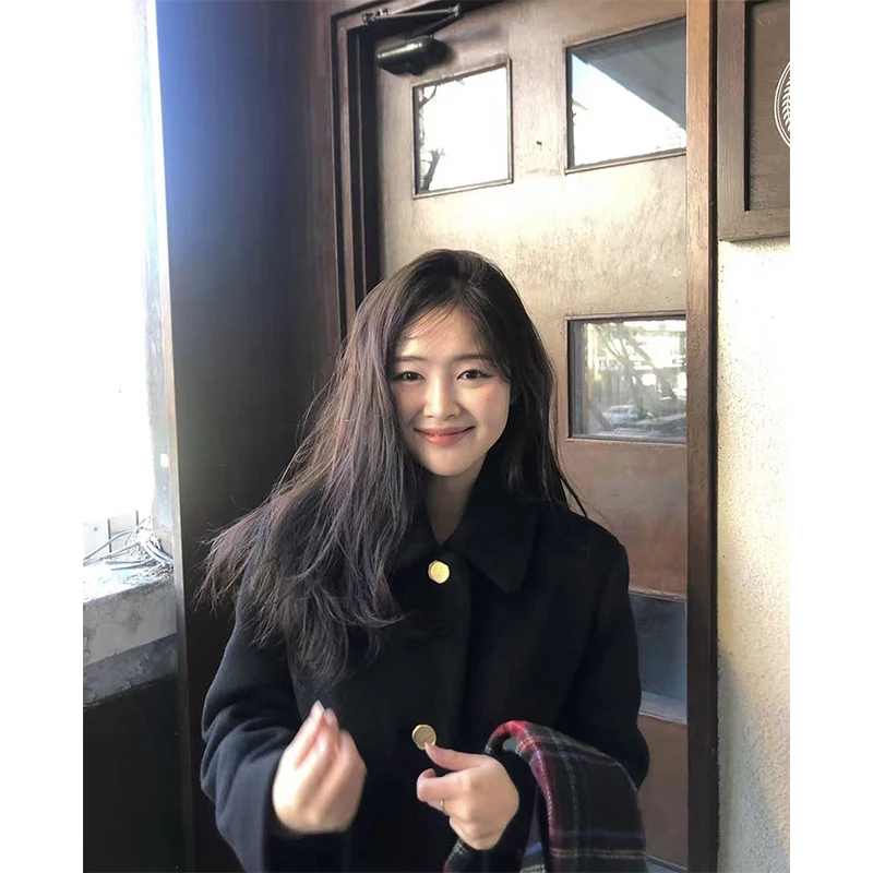 

Vintage Wool Blends Coats Women Streetwear Black Woolen Jacket Winter Korean Outerwears Ladies Elegant Long Sleeve Overcoat New