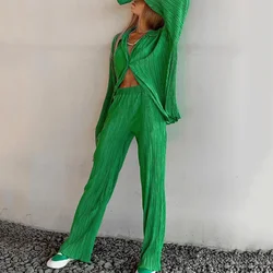 2023 Women Two Piece Pleated Pants Suits Casual Y2k Solid Color Long Sleeve Shirts Straight Leg Trousers Set Matching Sets New