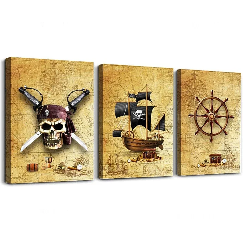 Adventure Map Pirate Ship And Rudders Canvas Wall Art For Living Room Bedroom Bathroom Home Decoration