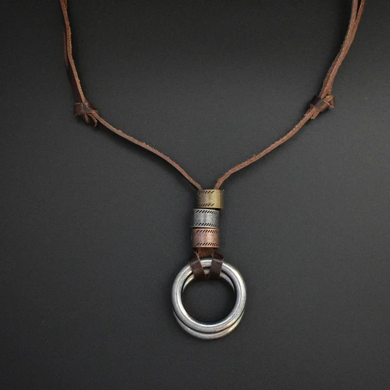 Boho Vintage Men Necklace Adjustable Genuine Leather Cord Necklace Double Circle Pendant Long Necklace Gift Handmade Jewelry