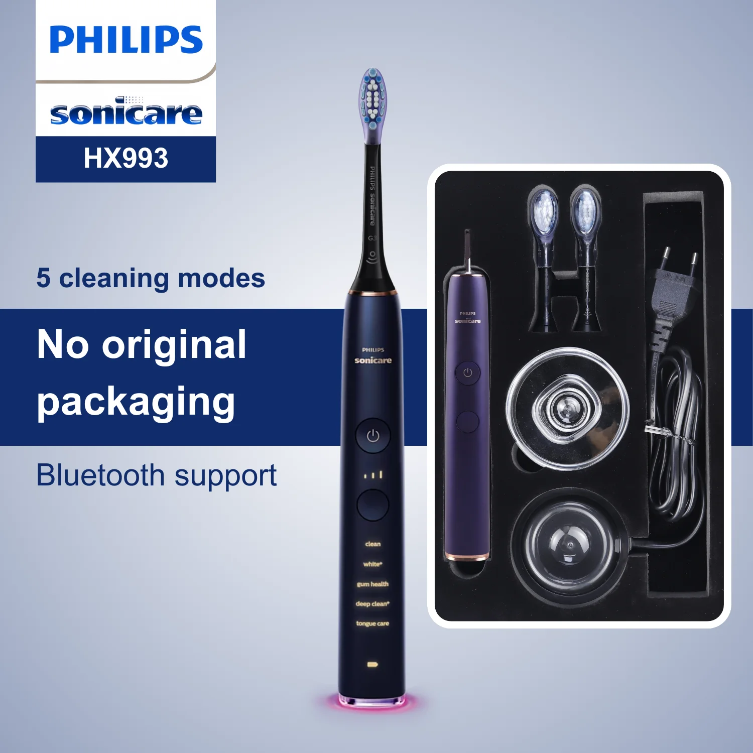 

Philips sonicare electric toothbrush HX993, No original packaging, G3 Brush Head, Bluetooth connectivity, 5 modes