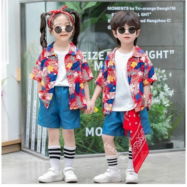 Trendy and Cool Parent Child Port Flower Shirt Set, Retro Summer Dress, Graduation Photography, Fashion Show Performance Dress
