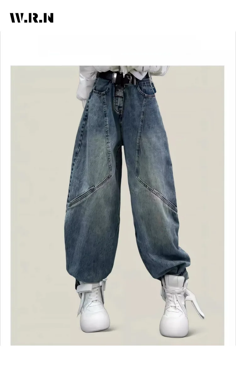 

Женские джинсовые брюки полной длины в стиле сафари, свободные мешковатые джинсы в стиле эмо, повседневные прямые синие брюки большого размера Y2K 2000-х годов