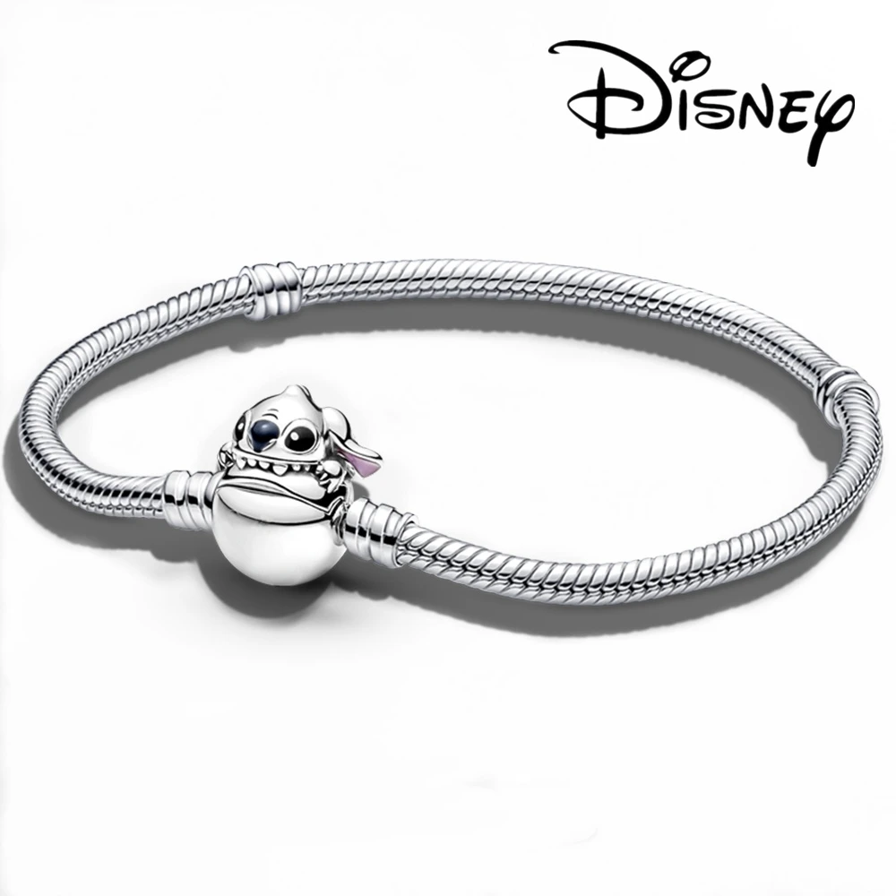 Disney 925 Silver 100th Mickey Charms Bracelet, Fit Original Stitch Beads Snake Chain DIY Minnie Bracelet Jewelry Gift For Women