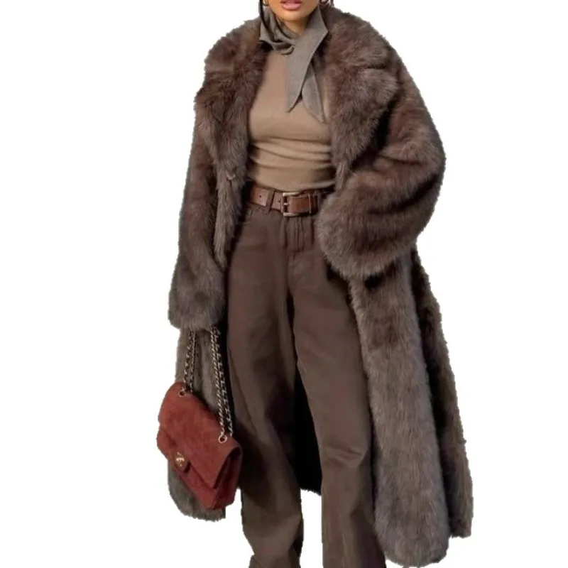 Winter brown fur coat, elongated vintage suit collar, imitation fur coat, high-end fox fur coat, women