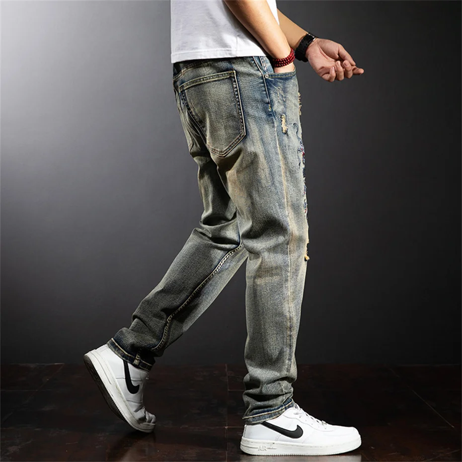Dragon Embroidered Jeans Men Denim Pants Plus Size Fashion Casual Ripped Jeans Pants Plus Size 42 Trousers Male Bottoms