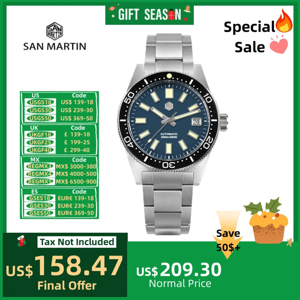 San Martin 39mm 62mas NH35 Automatic Watch Men Waterproof Wristwatch Date 20Bar Bracelet Tropical FKM Rubber Strap Lume SN0007B