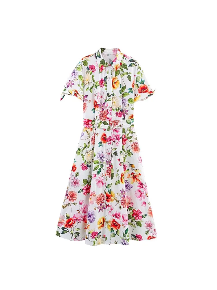 2025 Vrouwen Zomer Shirts Jurk Vintage Print Bloemen Korte Mouw Poplin Vrouwelijke Elegante Straat Jurken Kleding