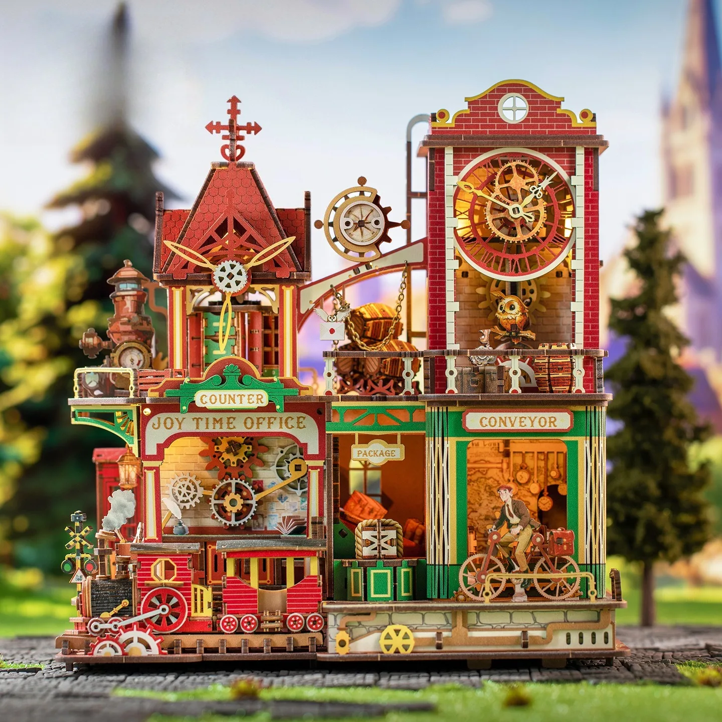 DIY Miniature Post Office Model Kit, 3D Wooden Puzzle Dollhouse with Light, Vintage Retro Room Box Craft, Adult Handmade Buildin