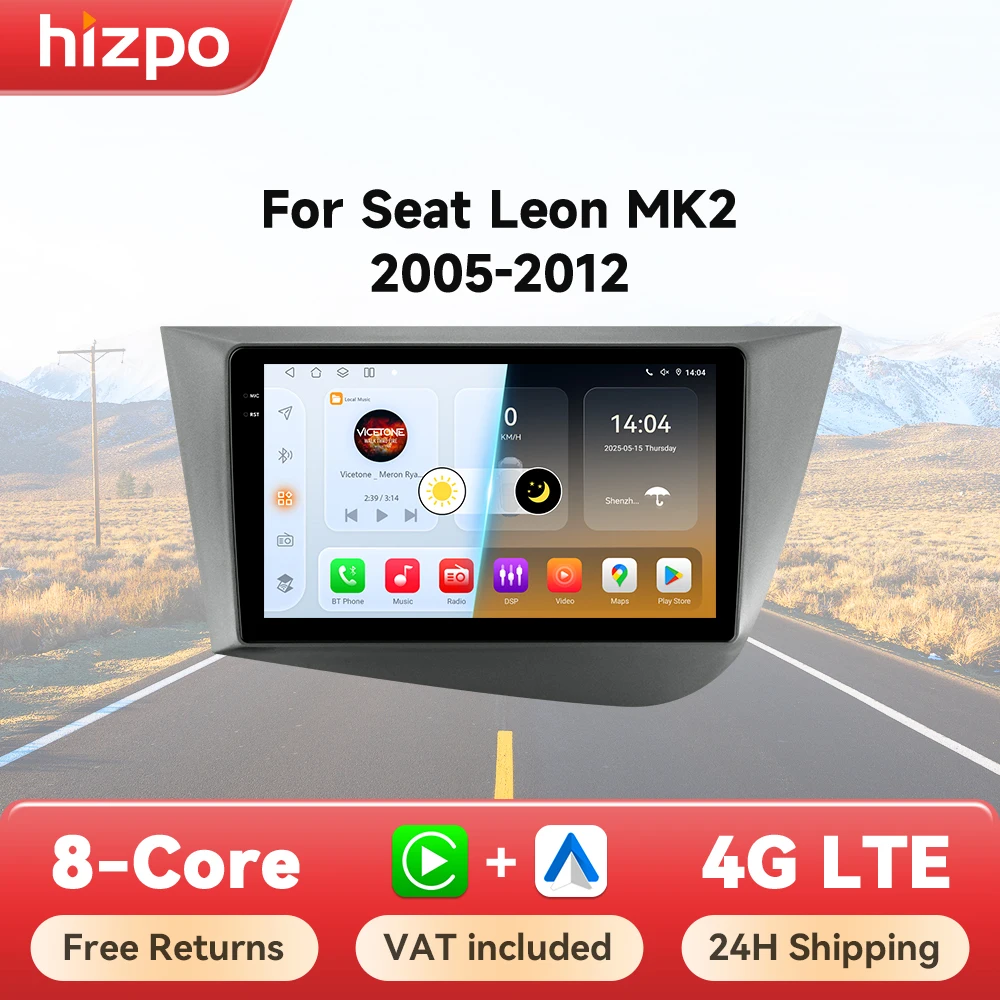 Hizpo 6115 AI autoradio vocale pour Seat Leon 2 MK2 2005 - 2012 4G multimédia GPS 2din stéréo sans fil CarPlay Android Auto Navi