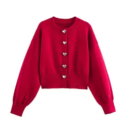 Women Cropped Knit Cardigan Buttons Round Neck Long Sleeves Ribbed Cuffs Autumn Knitted Sweater Coat 5536032