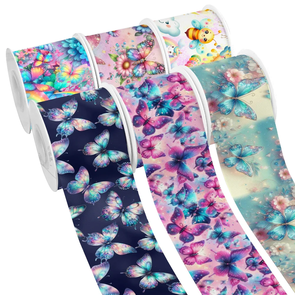

Flowers Colorful Cartoon Radiant Butterfly Printed Grosgrain Satin Ribbon for Gift Wrapping Hair Bow Craft Accessory