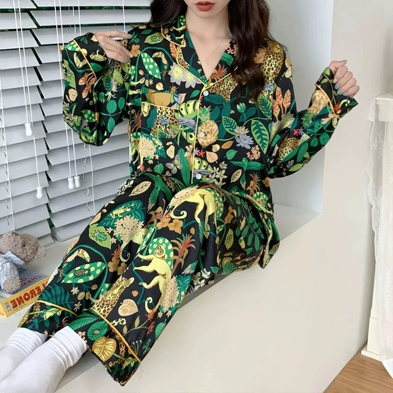 Women\'s Pajamas Sets Spring Autumn 2 Piece Leopard Print Pyjama Faux Silk Satin Sleepwear Long Sleeve Pijama Mujer Pjs Homewear