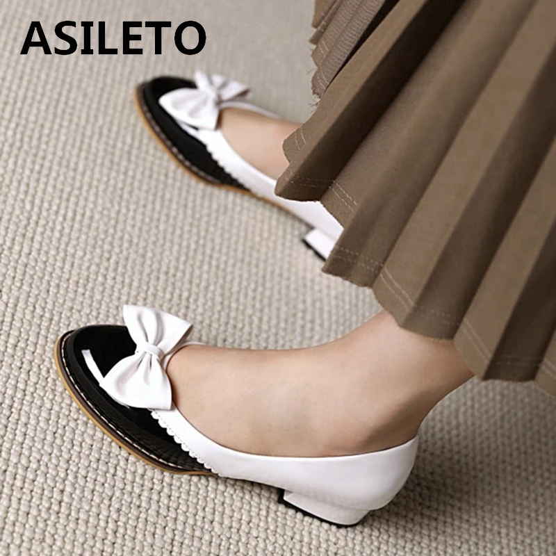 ASILETO nowy 2021 panie pompy okrągłe Toe 3cm obcasy Patchwork lakierki Slip-On Bowtie Lolita śliczne duży rozmiar 48 dorywczo A3459