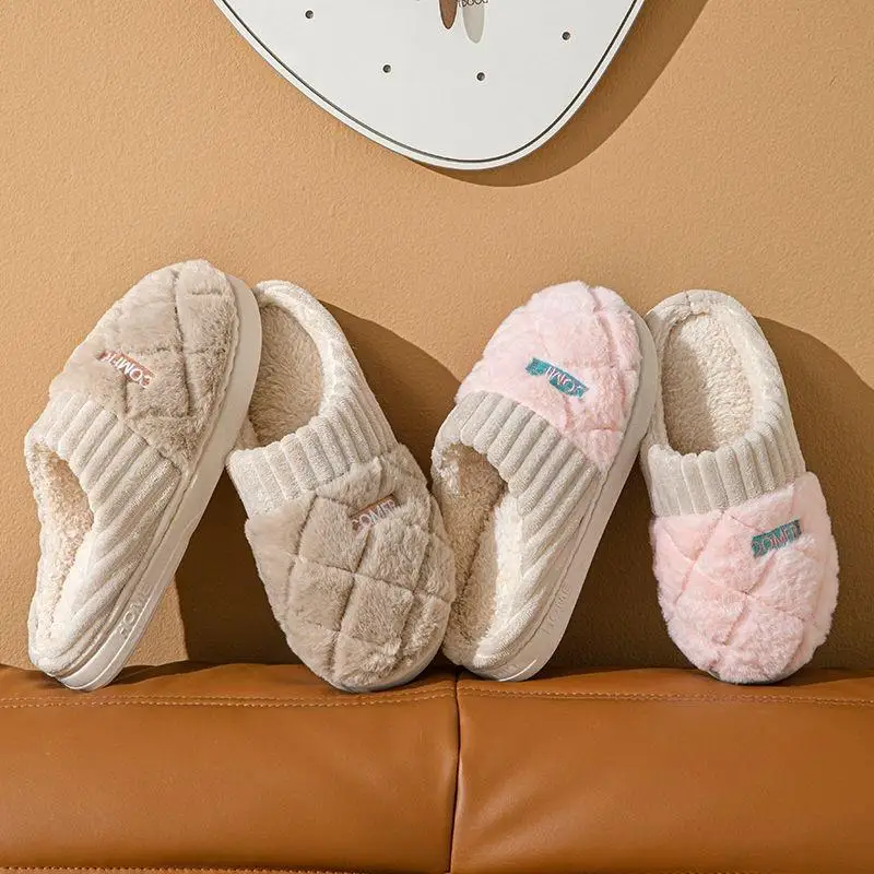 Bequeme Plüsch-Hausschuhe für Damen mit Dicker Sohle, Unisex Winter Fleece-Gefütterte Rutschfeste Warme Schuhe, Paar-Hausschuhe in Übergrößen – Detail 9