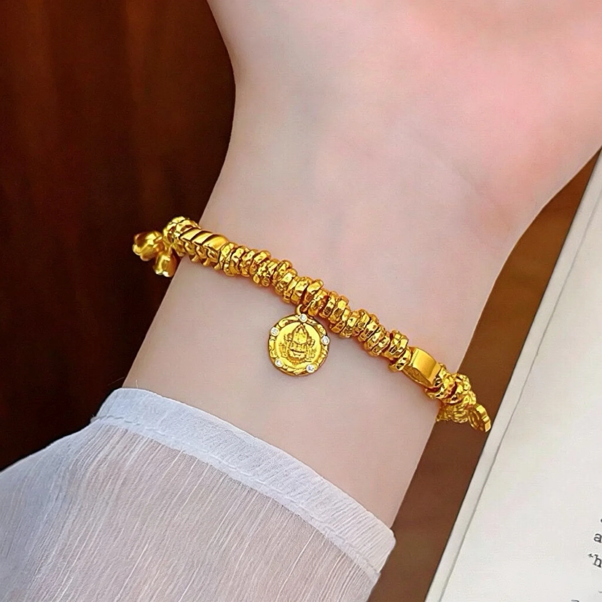 Bridal Matching Lily Of The Valley God Of Wealth Ingot Coins Bracelet For Women 24K Gold AU999, Wedding Solid Gold Jewelry