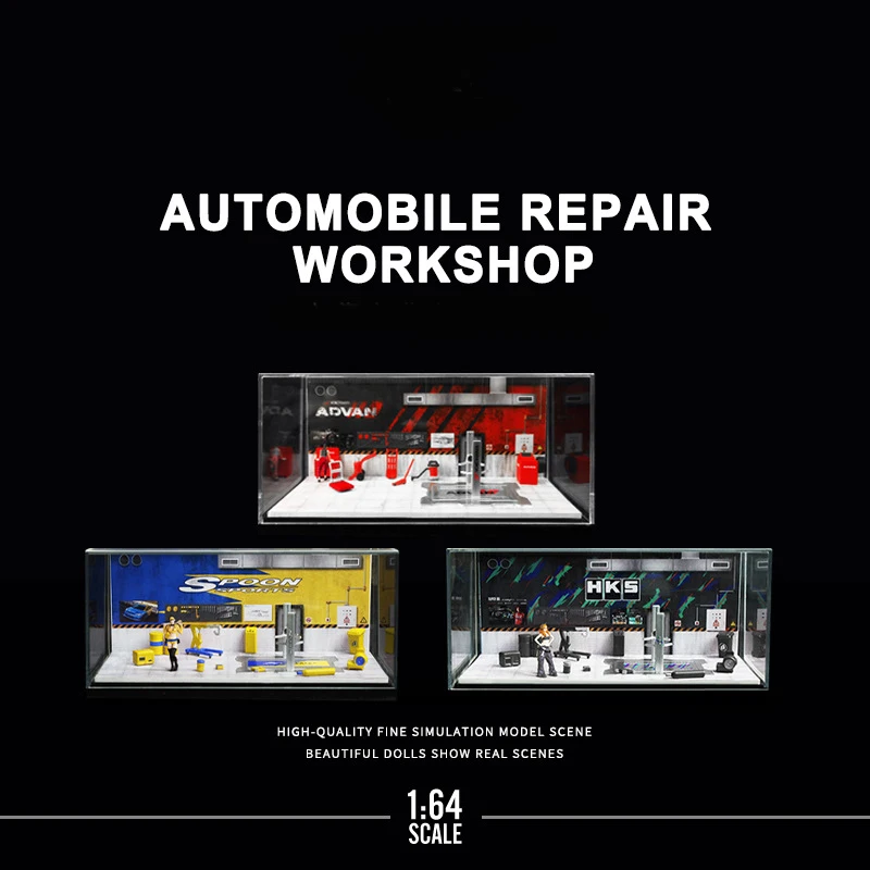 

Car Garage Models 1:64 Scale Nissan and Toyota HKS Auto Repair Workshop Scene Models Car Parking Lot Miniatures Model