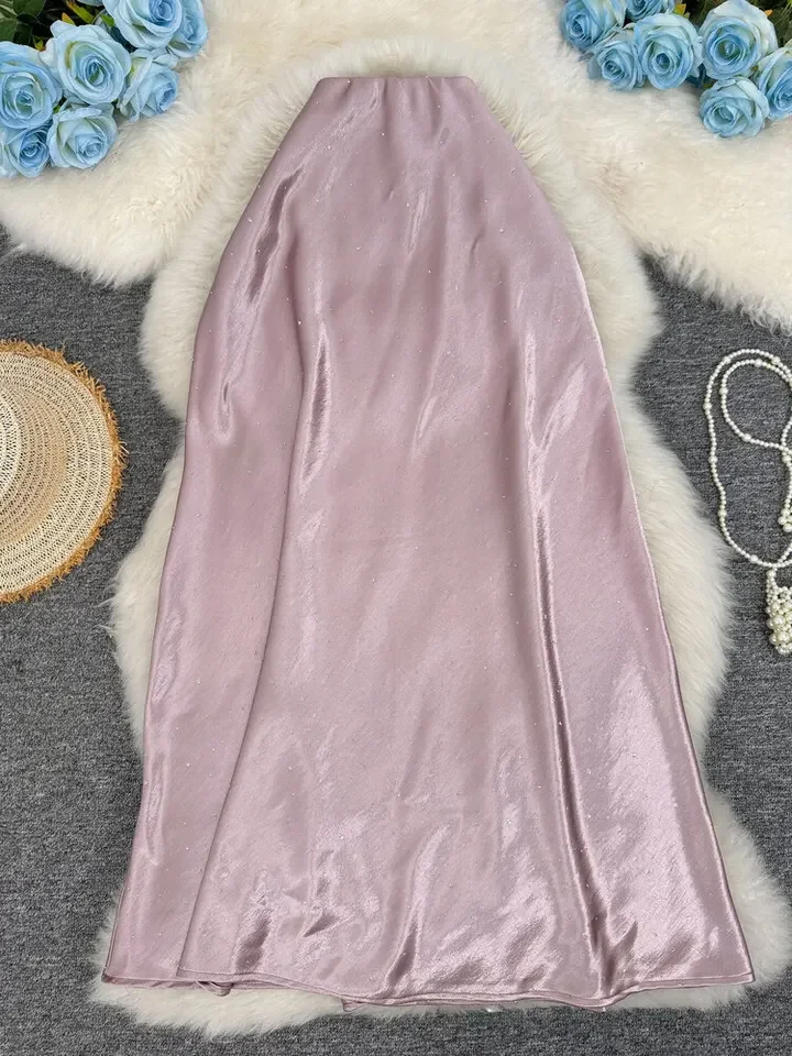 New 2026 Summer Solid Color Satin Rhinestone Silk Fish Tail Skirt Versatile Slimming Skirt
