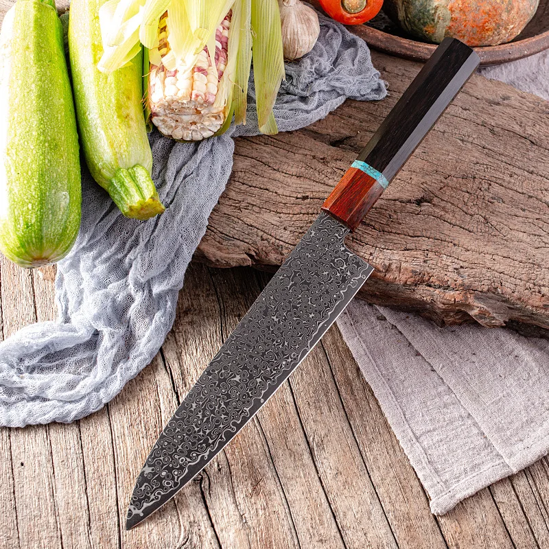 WILDMOK Premium Damascus Steel Kitchen Knife, Durable Ebony Wood & G10 Ergonomic Octagonal Handle for Home Cooking & Chef Use