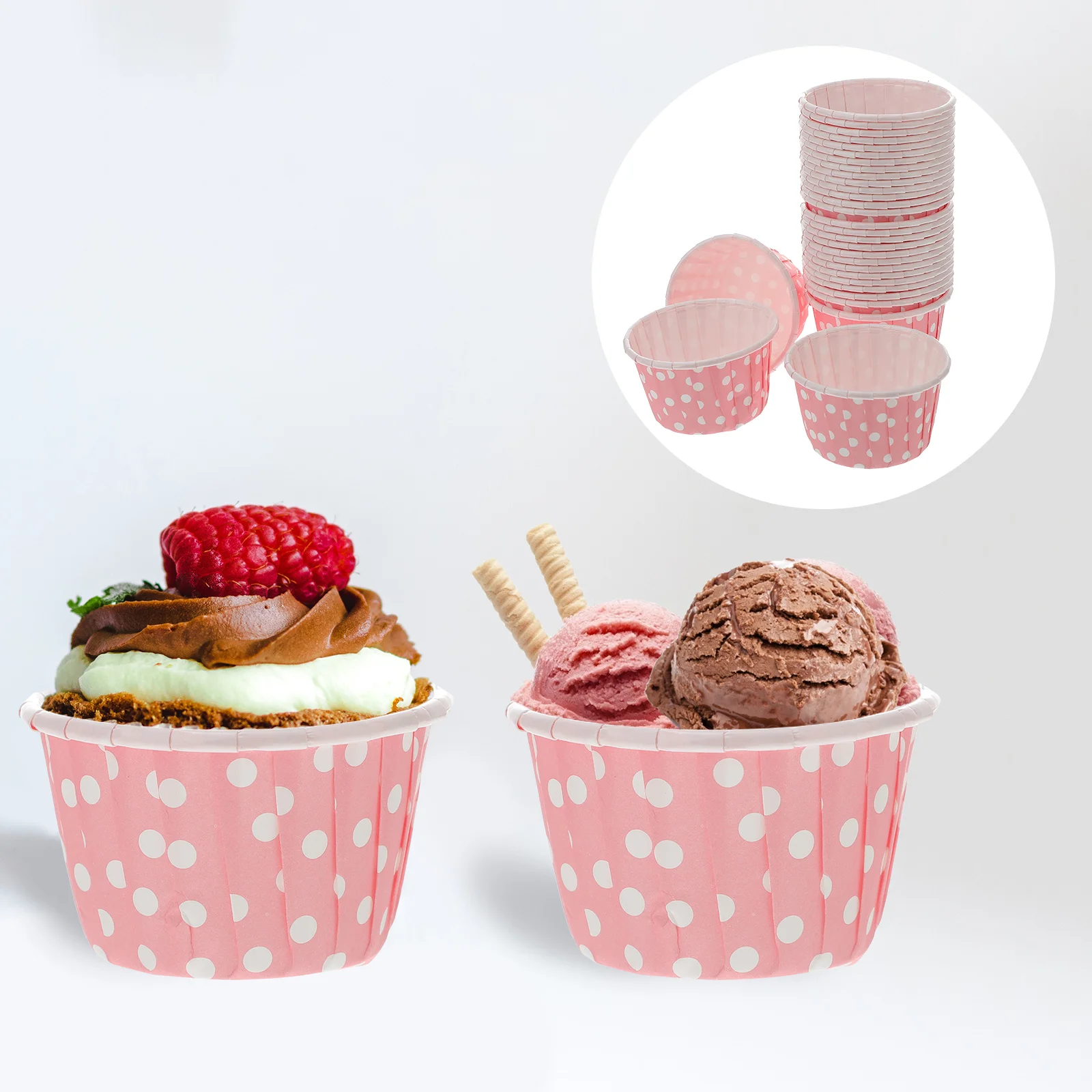 

50 Pcs Ice Cream Bowls Cups Food Containers with Lids Pudding Muffin Pink Paper