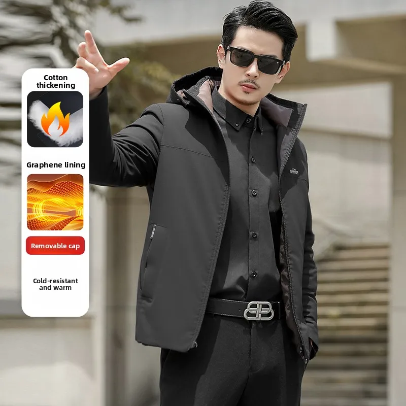 

Detachable Hooded Cotton Jaet Stand Collar Men's Warmth Winter Anti-Cold Polyester Fiber Busin Casual Sle Thiened Coat