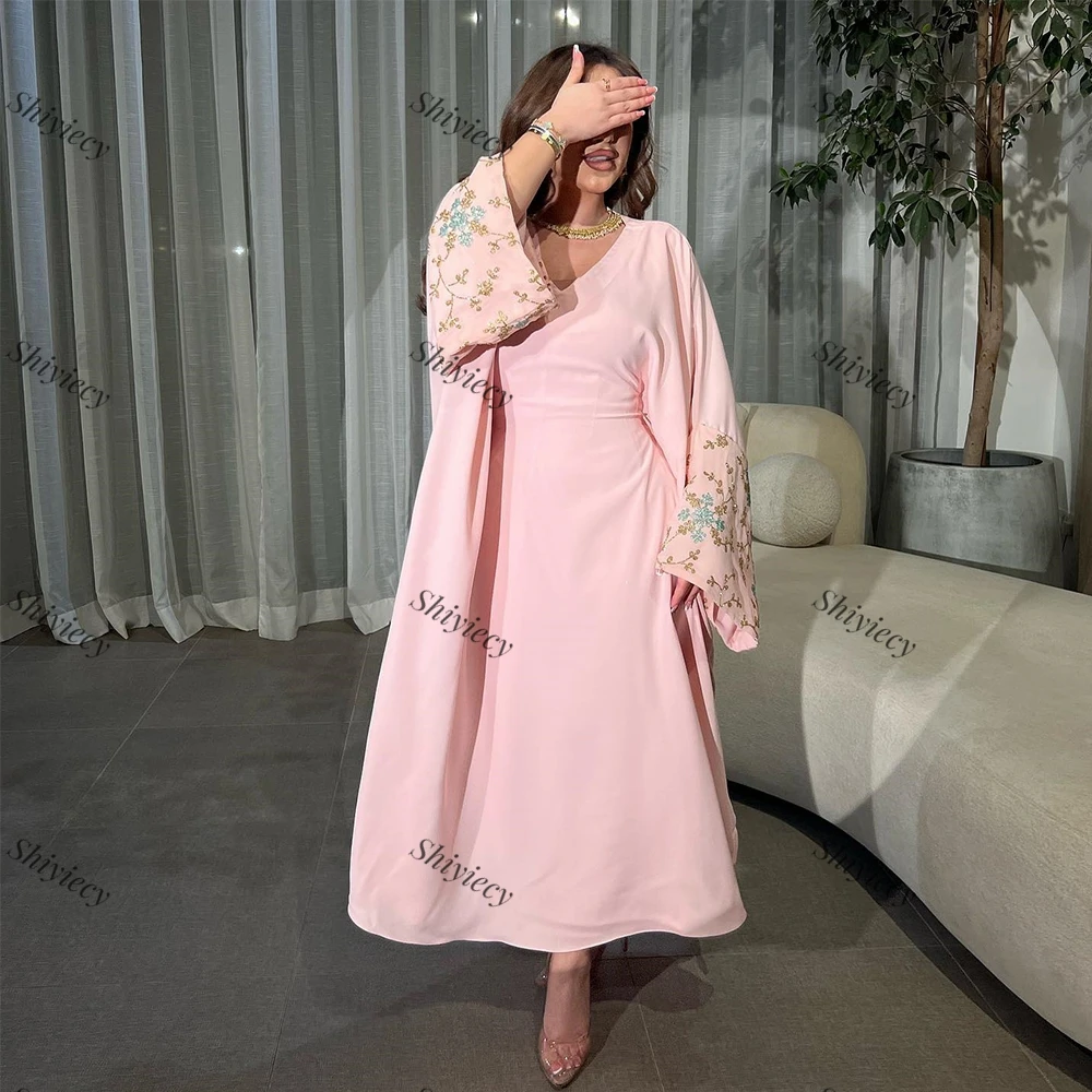 Pink Appliques Long Sleeves Evening Dress Saudi Arabia Elegant V-Neck A-line Party Gowns Jersey Prom Dress Robes De Soirée 2024