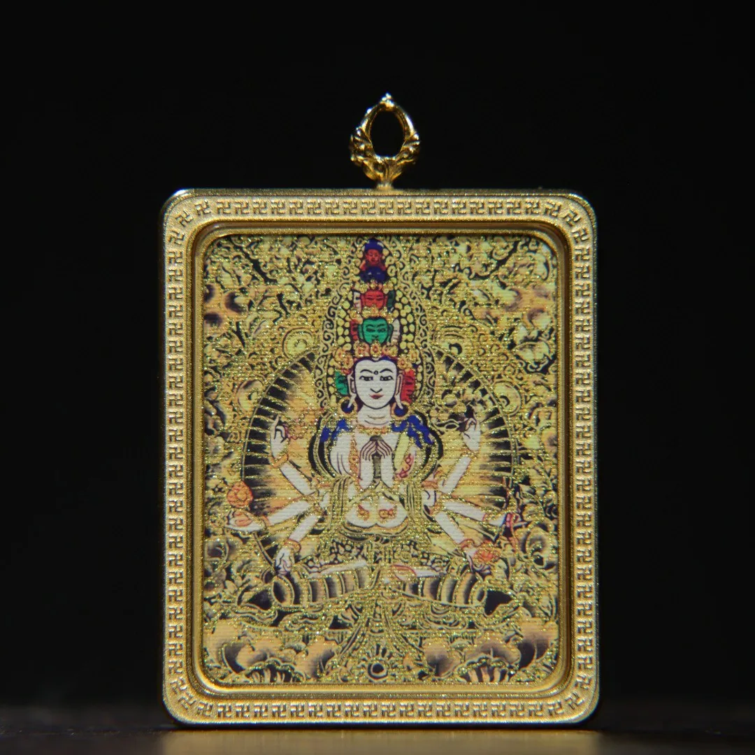 Tibetan amulet copper frame painted thousand hands Tara Guanyin statue thangka pendant square necklace pendant jewelry 6.8 cm