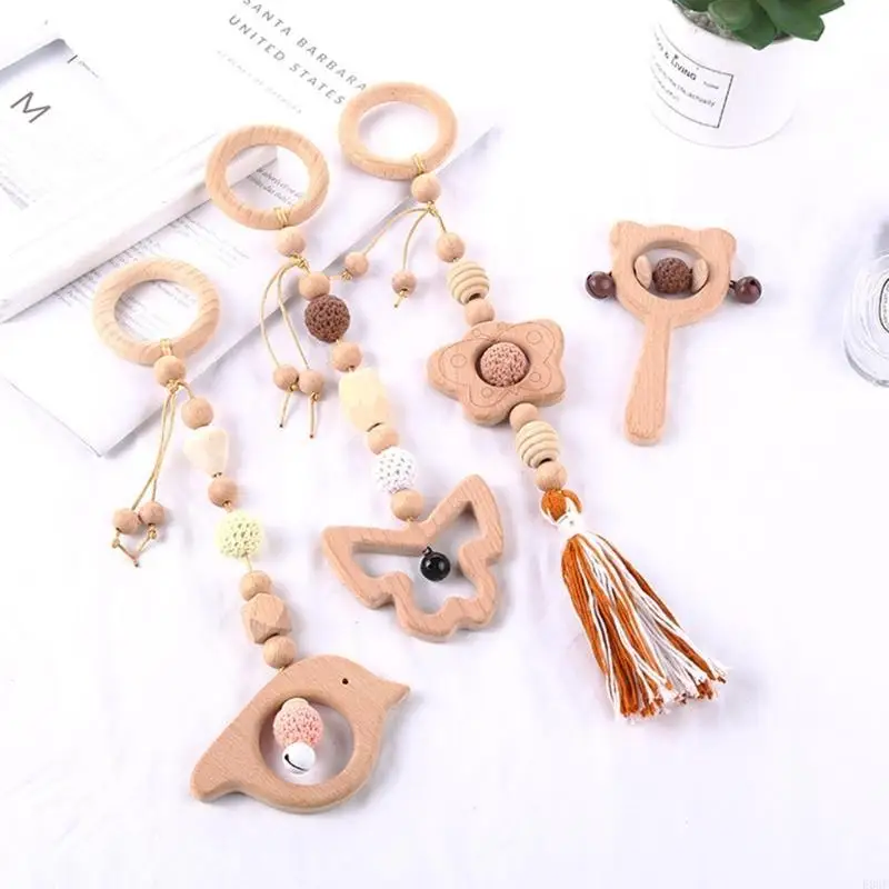E06F 4 PCS Baby Gym Frame Pendant Wooden Teether Molar Bearing Toy Toy Cursing Dattle