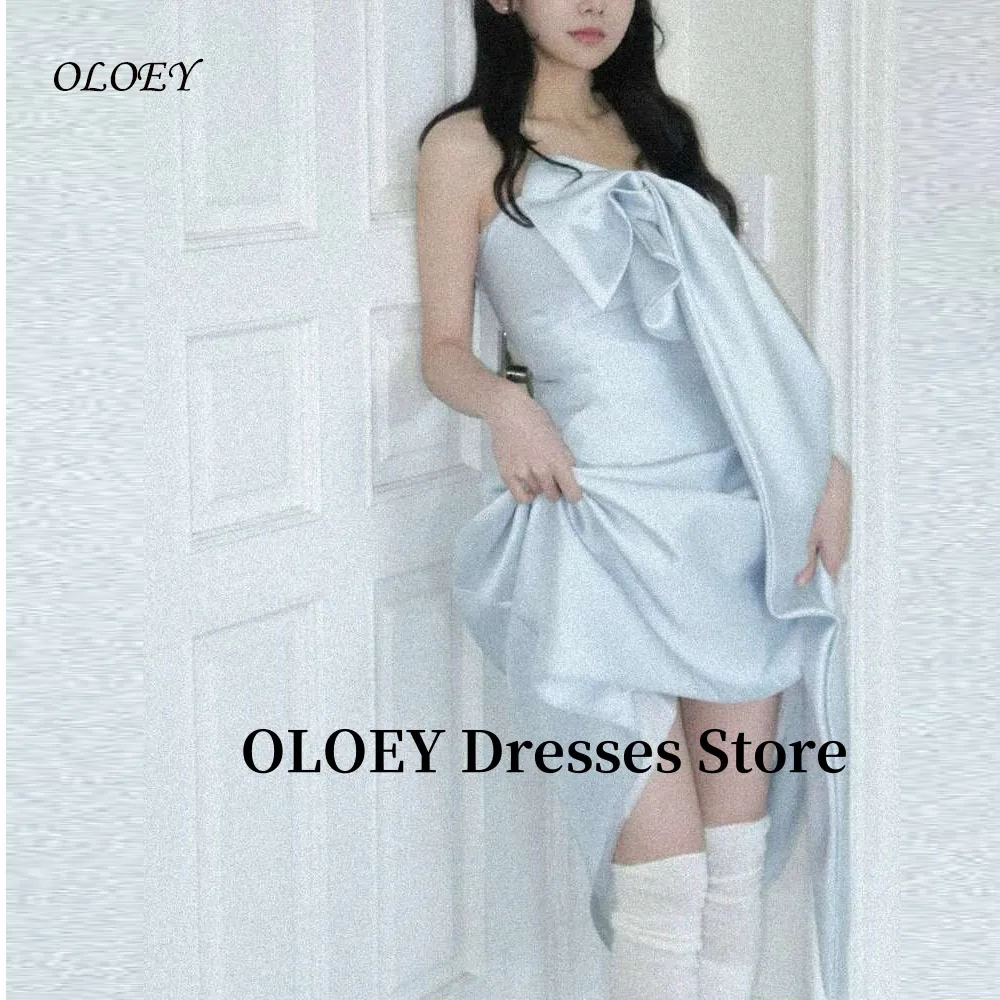 

OLOEY Sweetheart Bowknot Blue Evening Party Dresses Birthday Soft Satin Cute Lovely Japan tea length Customized Cosplay Outfit