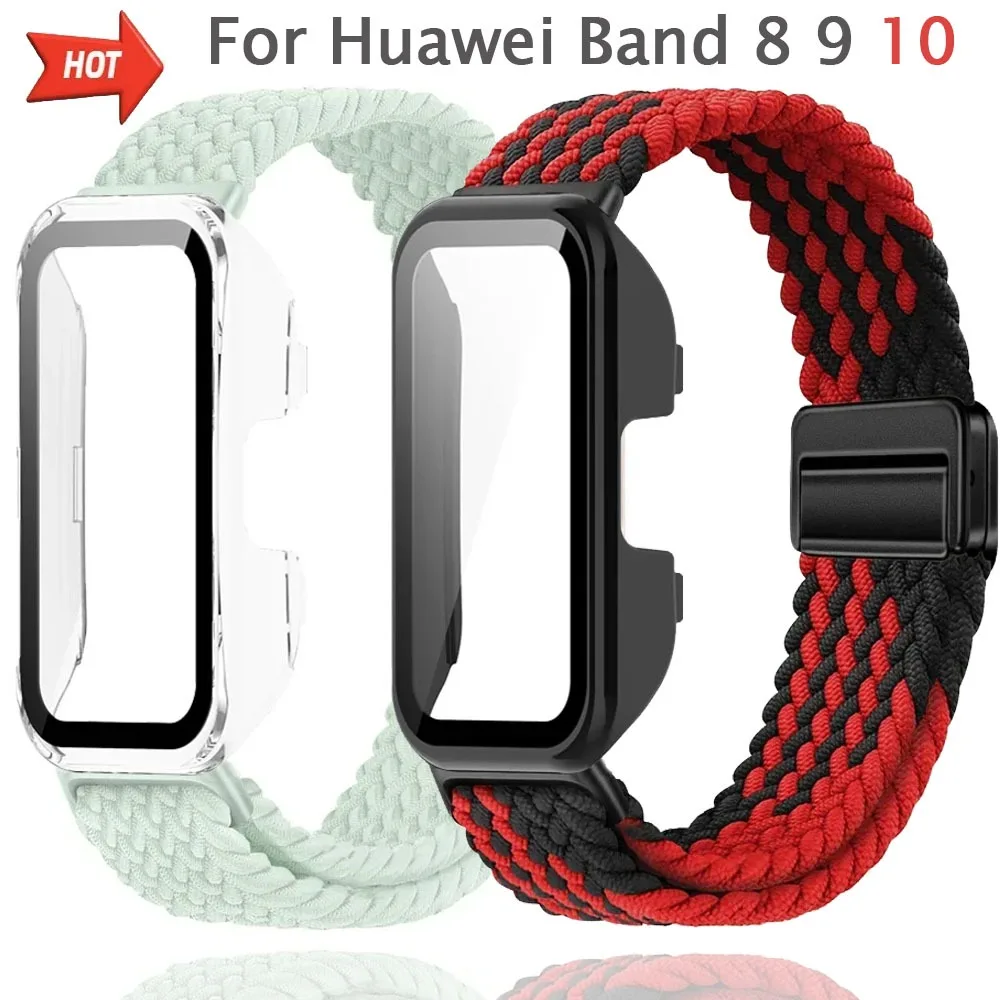 ナイロン編組磁気ストラップ + PC ケース Huawei 社バンド 8 9 10 用快適な時計バンドとシェル Huawei 社バンド 10 9 8 カバーシェル