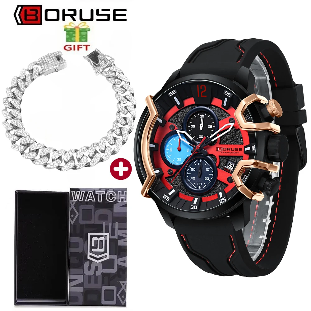

BORUSE 2 Pcs/Set Men's Quartz Watch Bracelet Set Black and Red Silicone Strap Alloy Case Quartz Movement The Ideal Gift for Men