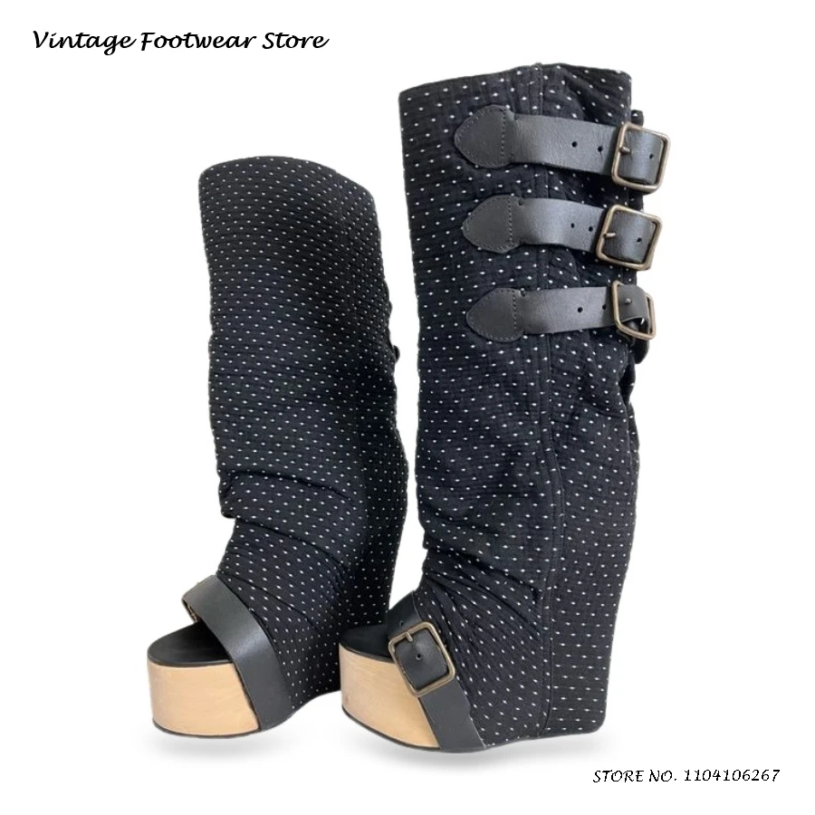 

Сапоги до колена на платформе с четырьмя пряжками на ремне, весенне-осенние сапоги в уличном стиле, увеличивающие рост в горошек, современные ботинки на танкетке с круглым открытым носком