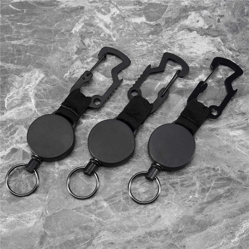 A68Z 3 Pack Retractable Keychain - Heavy Duty Badge Holder Reel With Multitool Carabiner Clip,Key Ring With Steel Wire Cord Up T